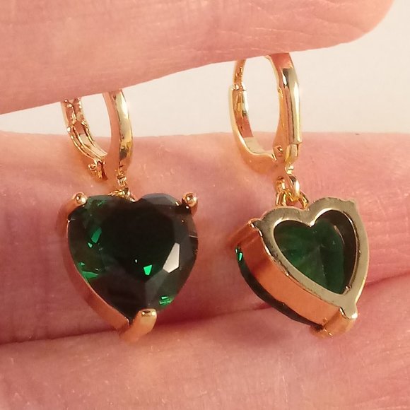 18K Yellow Gold Filled Emerald Green Diamond Zircon Heart Dangle Earrings 3.16ct - Picture 3 of 3